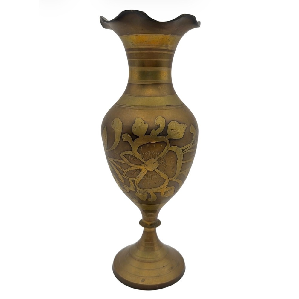 Vintage Etched Brass Pedestal Vase Ruffled Rim Floral Engraved 8" India Boho